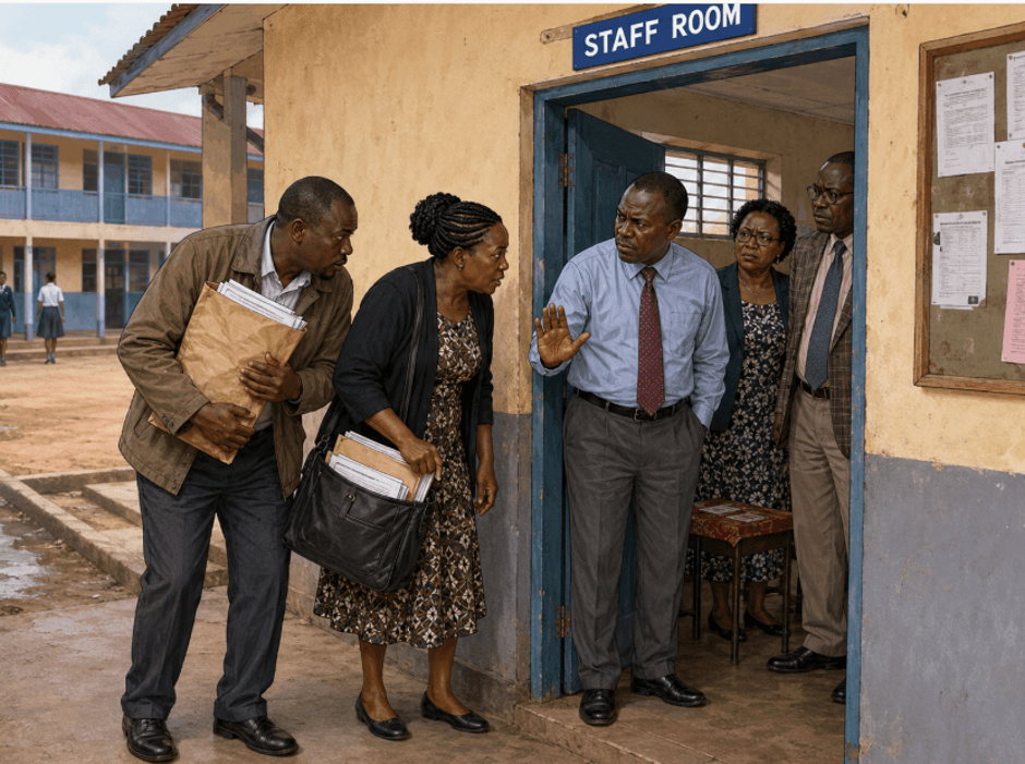 Teachers and vendors outside the staffroom